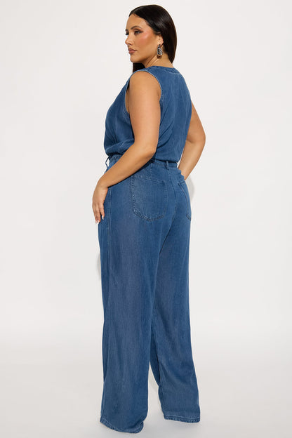 Queen Of The Scene Wide Leg Jumpsuit - Dark Wash