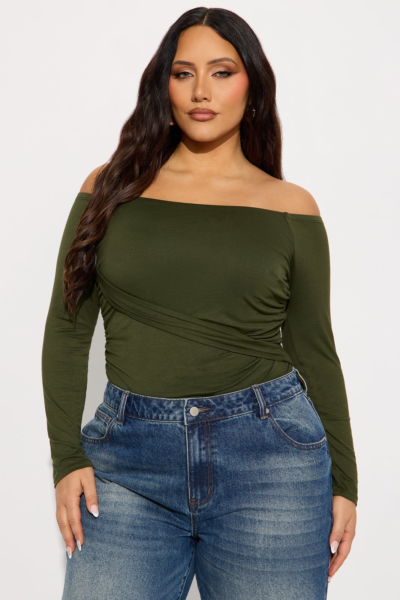 Gilda Off Shoulder Long Sleeve Bodysuit - Olive