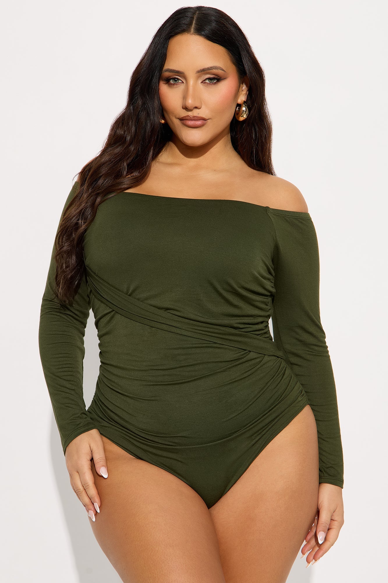 Gilda Off Shoulder Long Sleeve Bodysuit - Olive