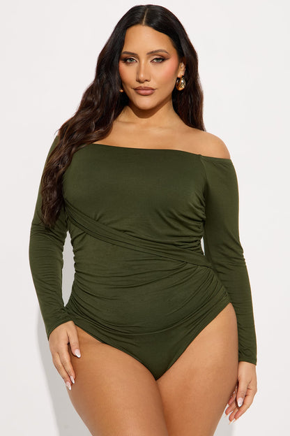 Gilda Off Shoulder Long Sleeve Bodysuit - Olive