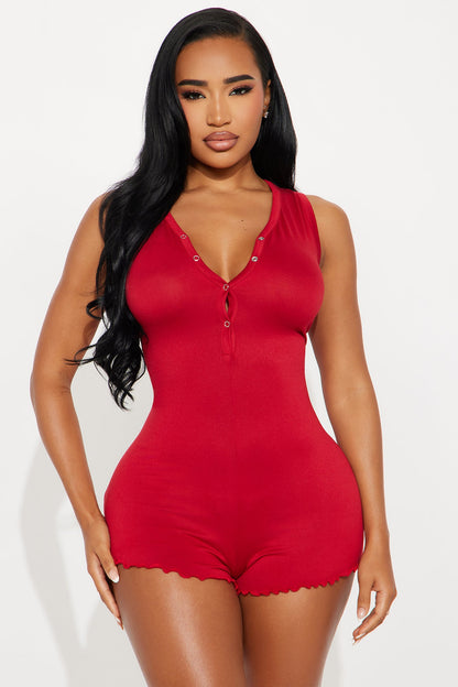 Dreaming Of You Henley PJ Romper Onesie - DarkRed