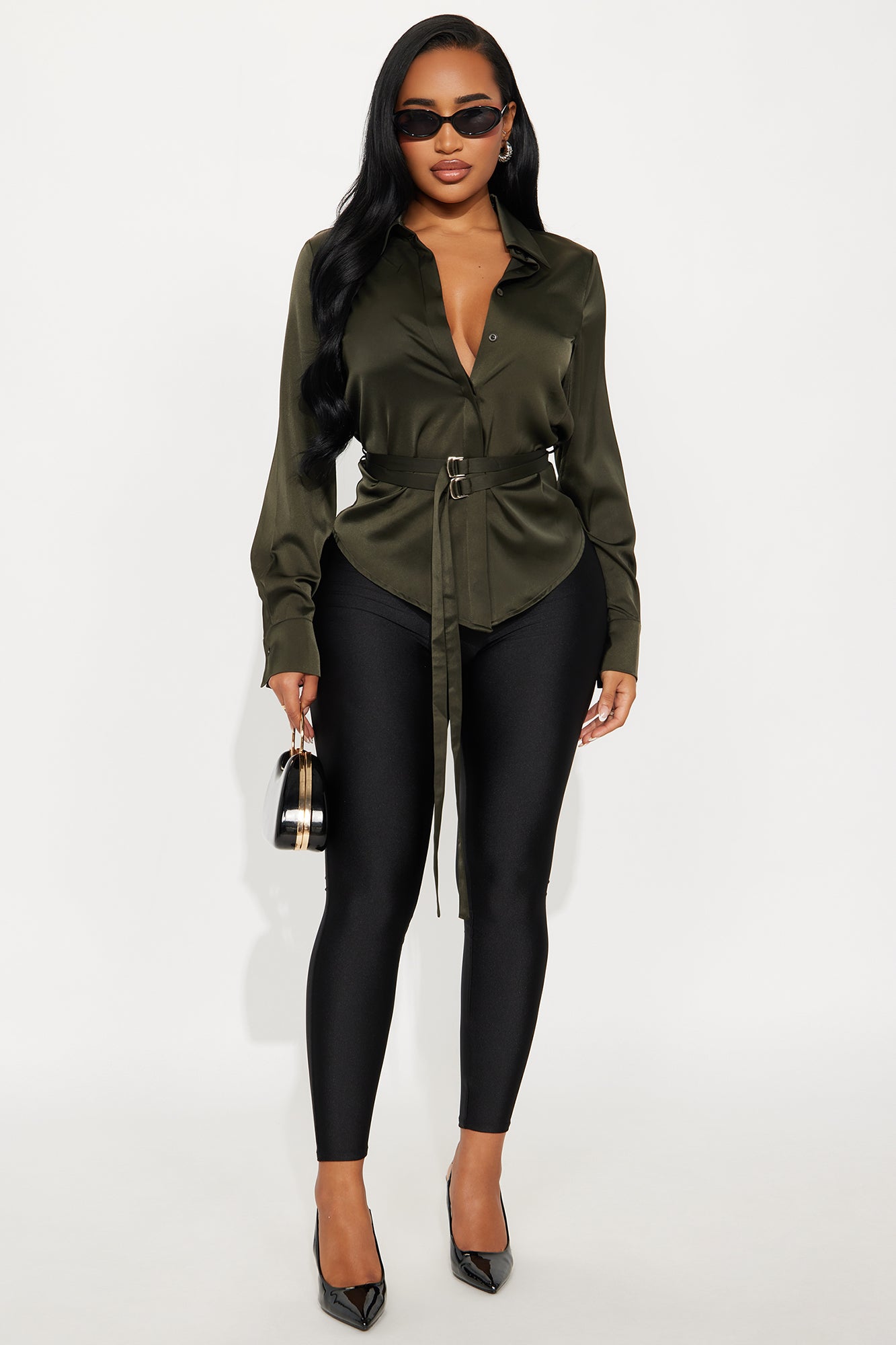 Pull It Together Belted Satin Shirt - Olive