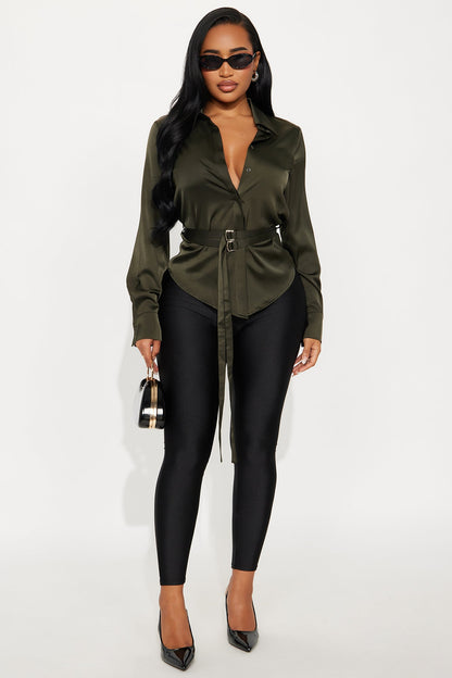 Pull It Together Belted Satin Shirt - Olive