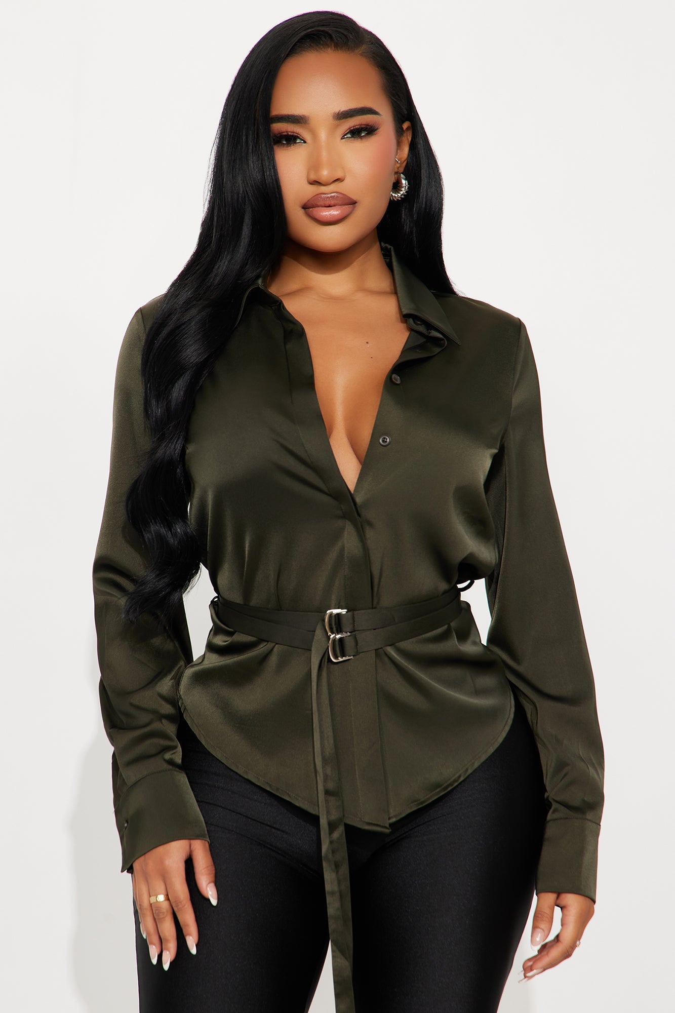 Pull It Together Belted Satin Shirt - Olive