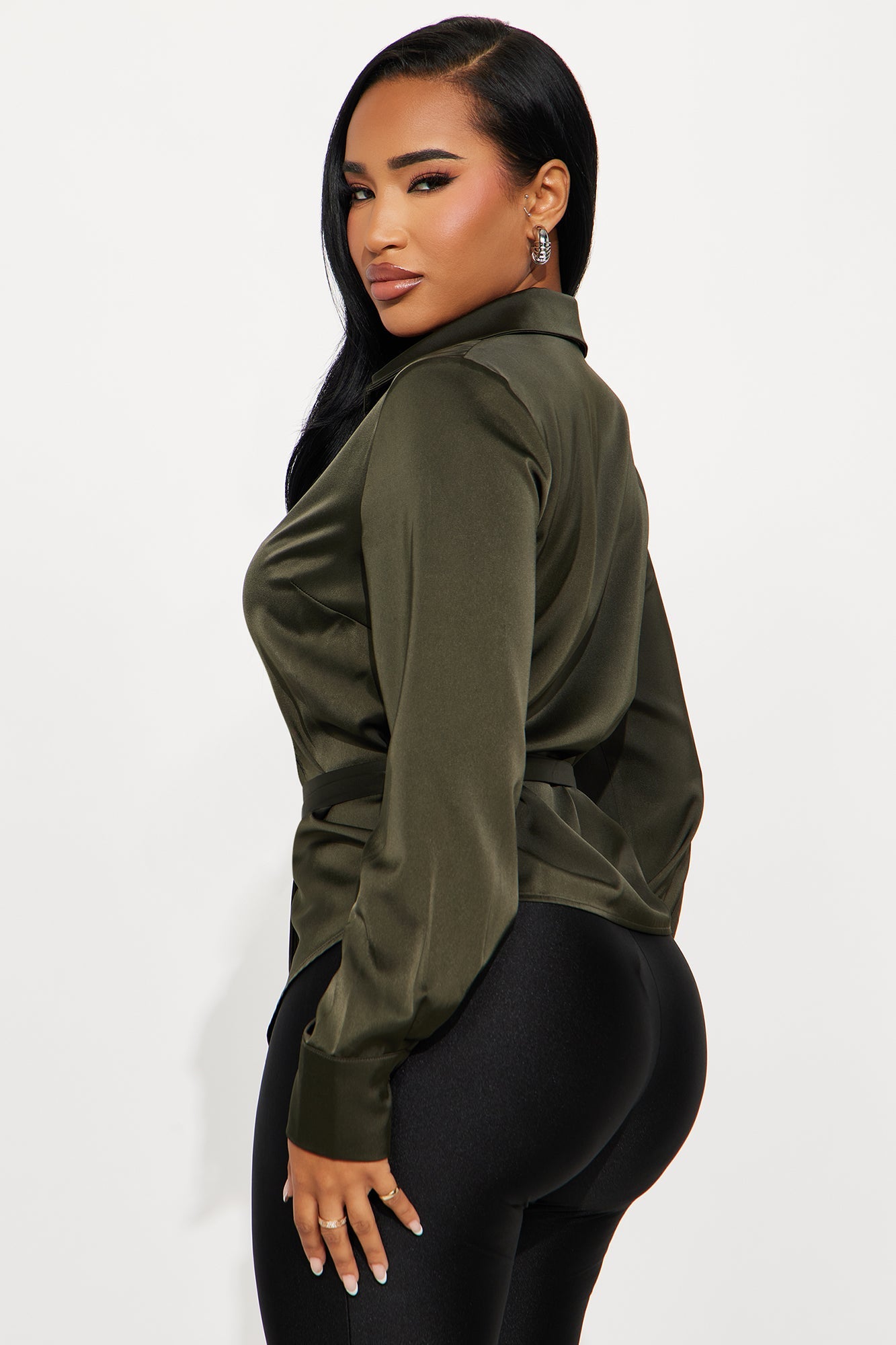 Pull It Together Belted Satin Shirt - Olive