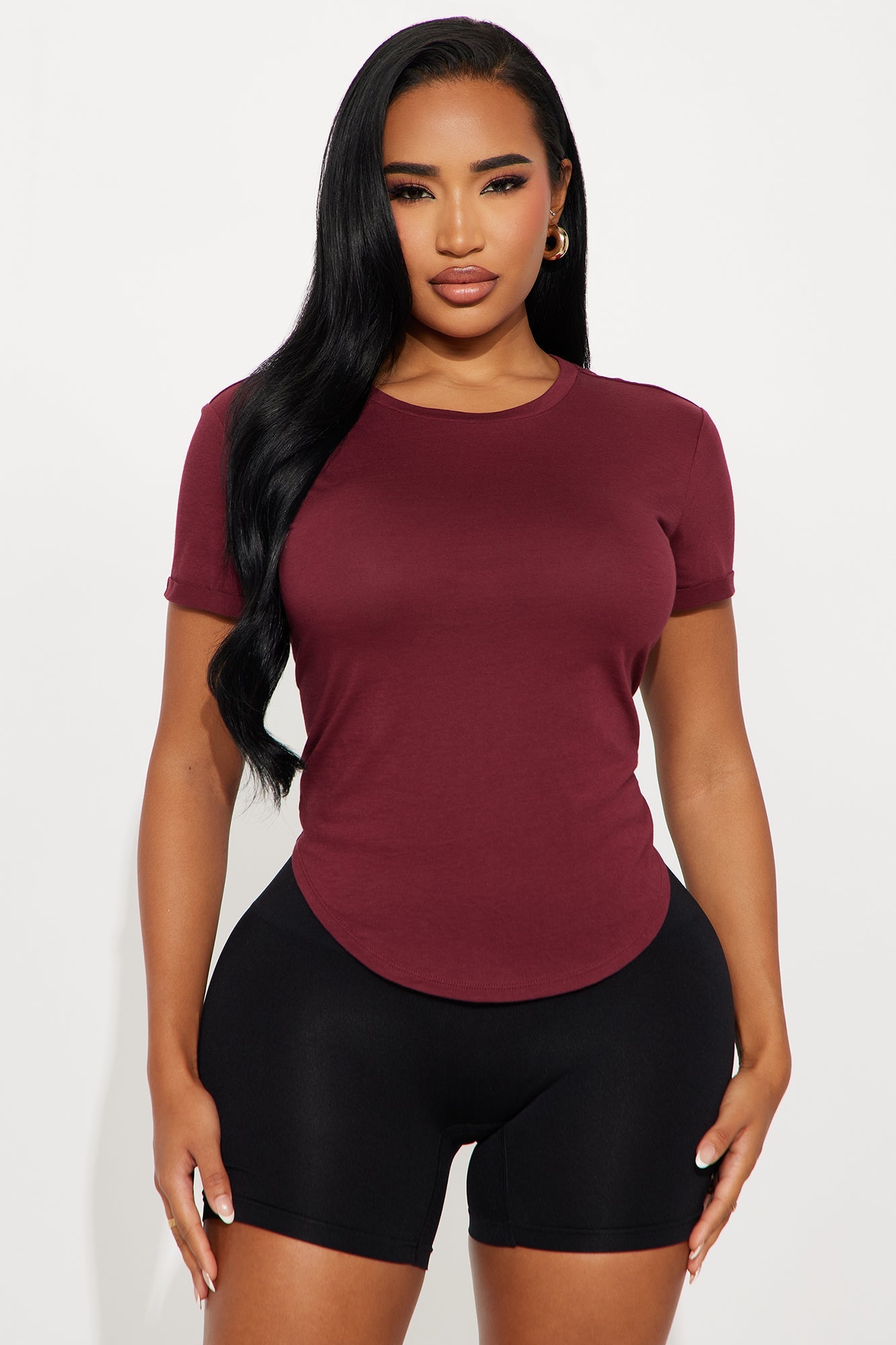 Annie Cuffed Short Sleeve Top - Burgundy