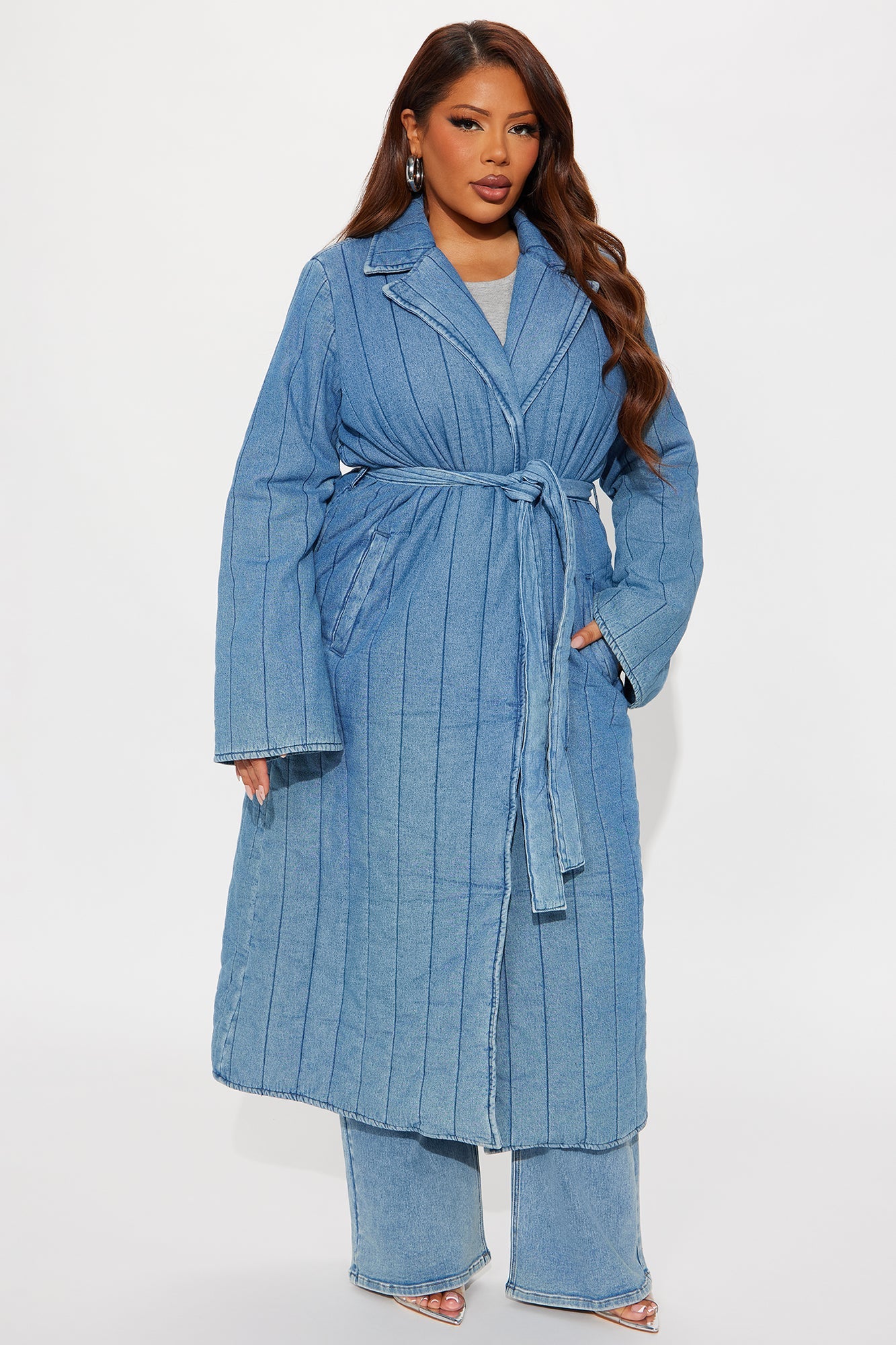 Kiara Quilted Denim Trench - Medium Wash