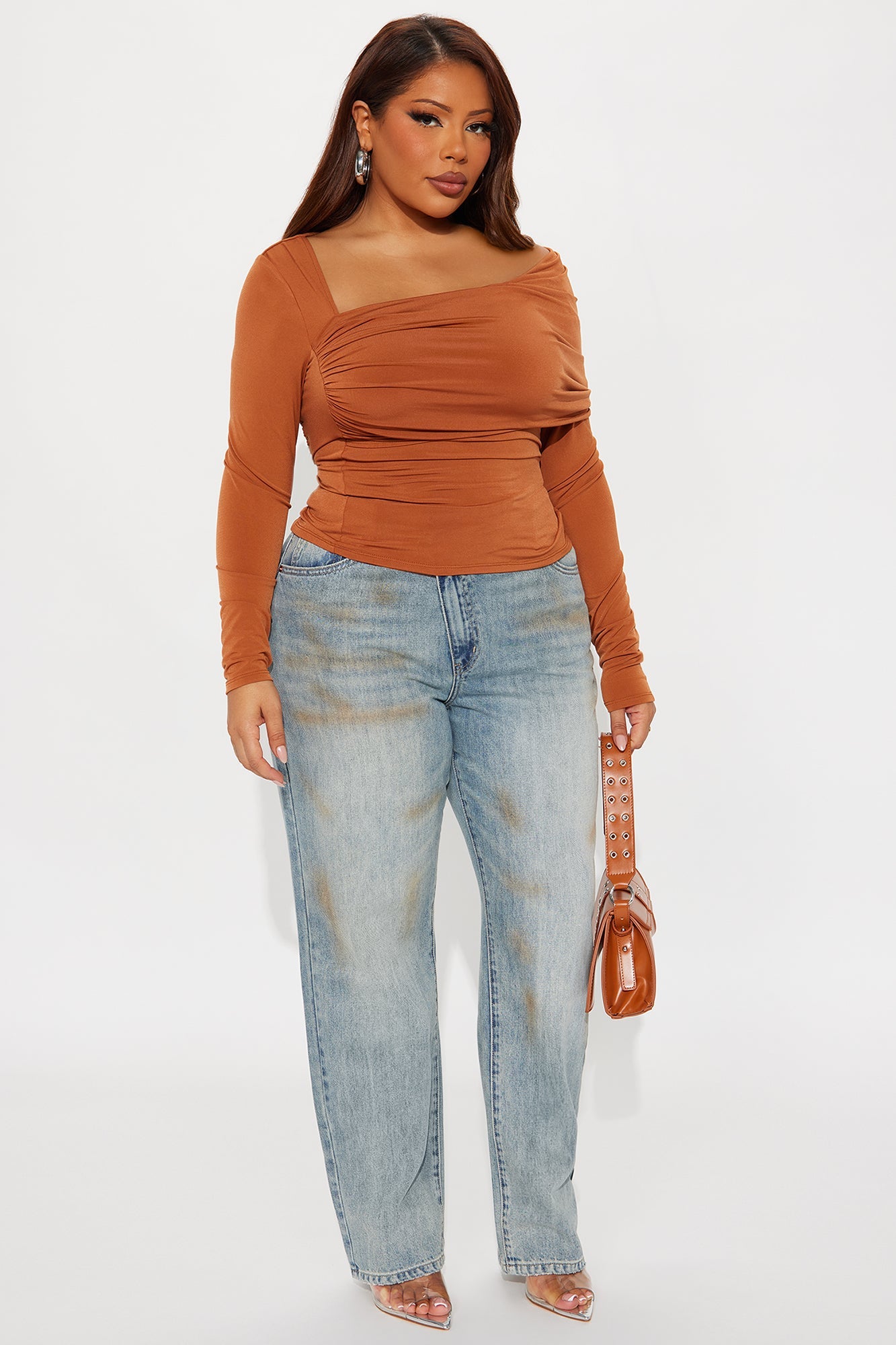 Modern Art Long Sleeve Ruched Top - Camel