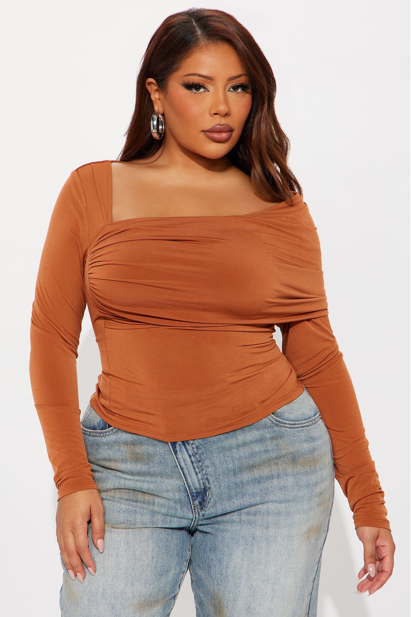 Modern Art Long Sleeve Ruched Top - Camel