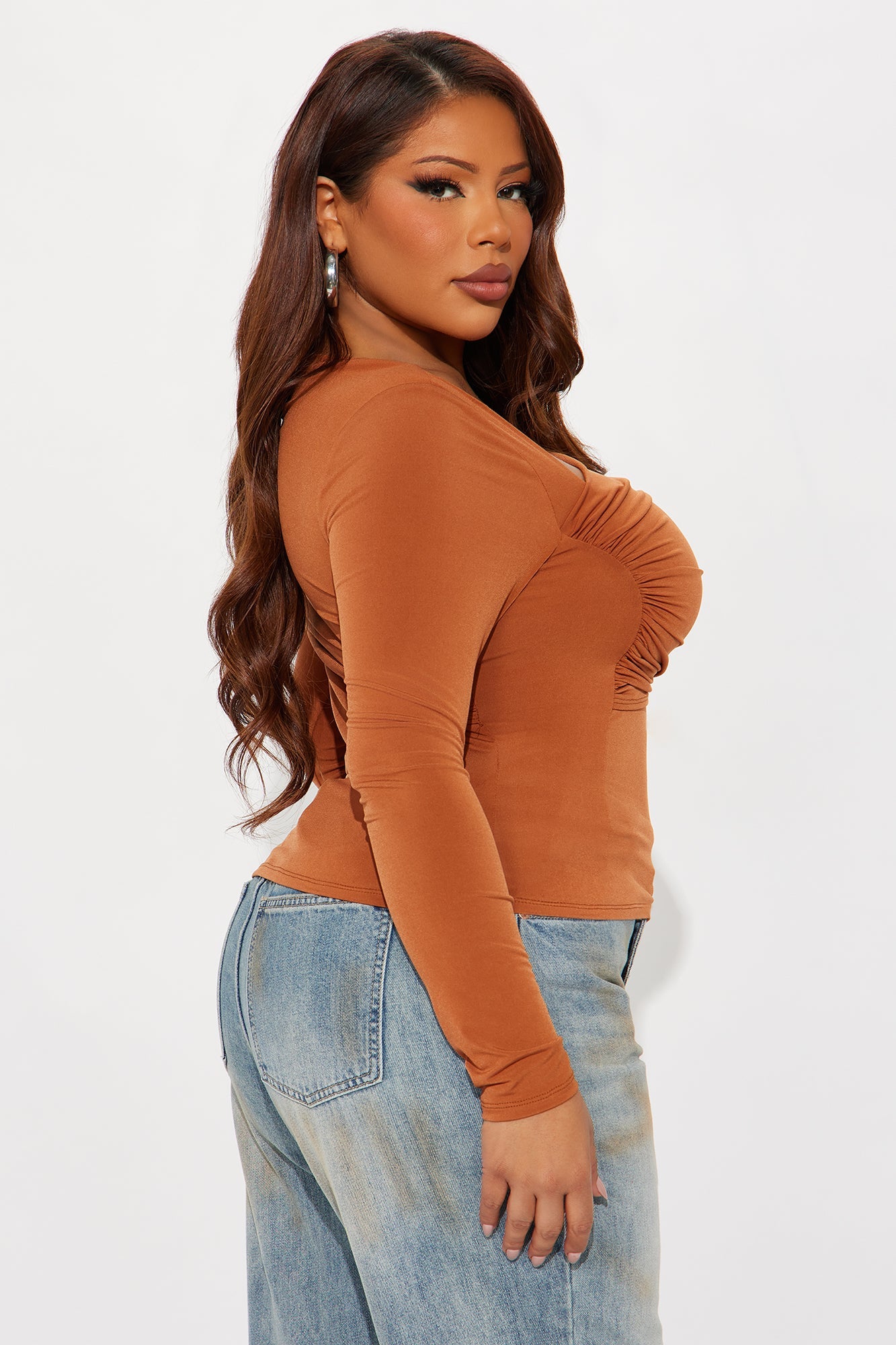Modern Art Long Sleeve Ruched Top - Camel