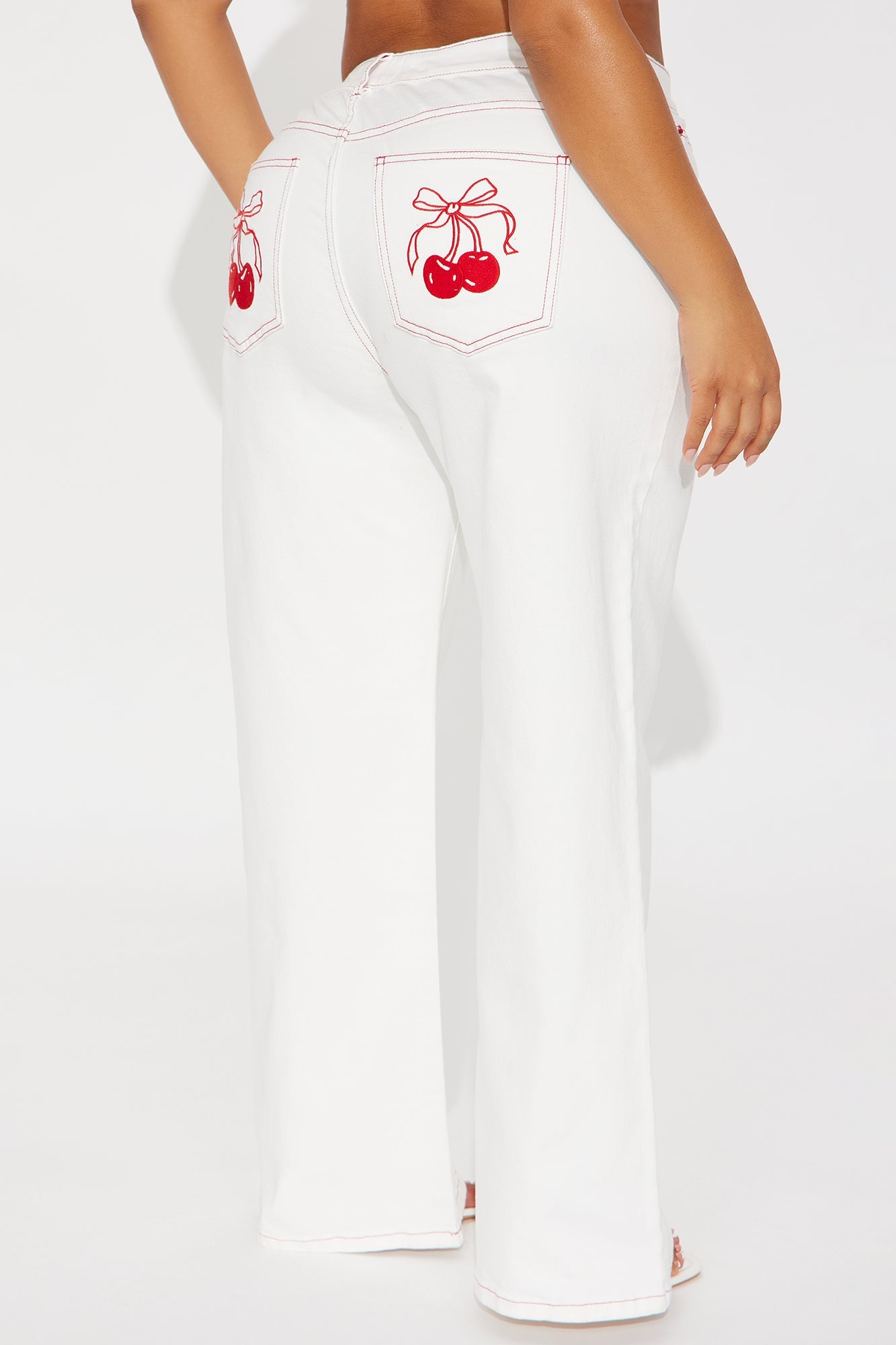 Cherry Bow Embroidered Wide Leg Jeans - White
