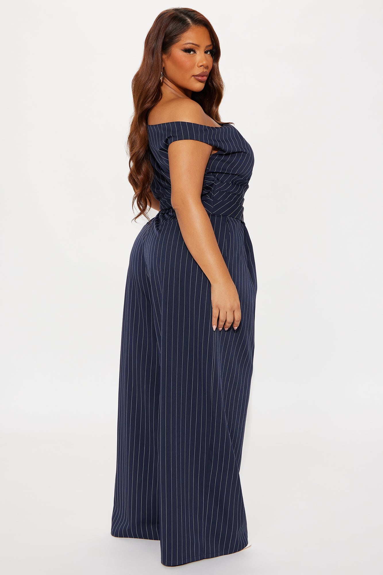 All Business Pinstripe One Shoulder Pant Set - Navy