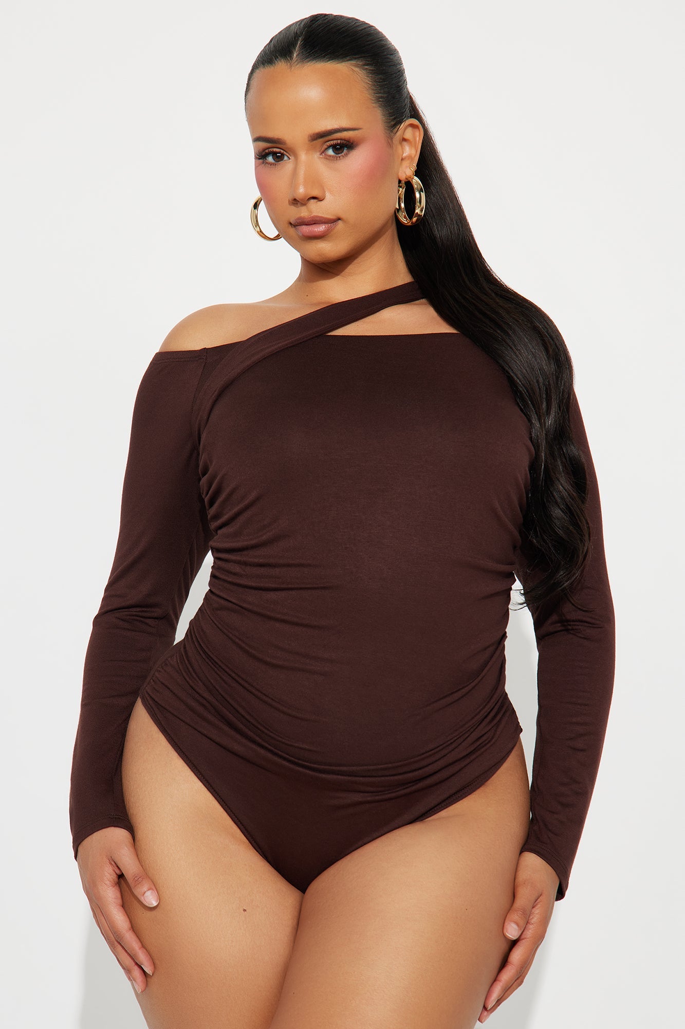 Gilda Off Shoulder Long Sleeve Bodysuit - Brown