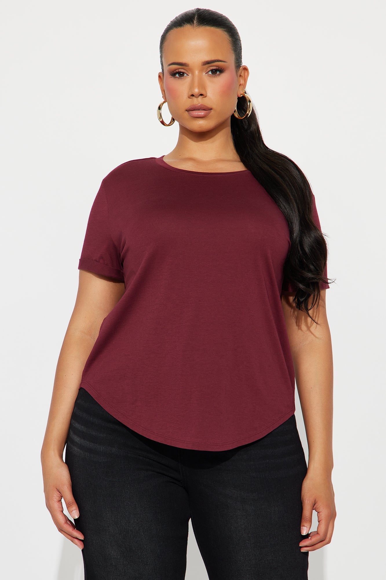Annie Cuffed Short Sleeve Top - Burgundy