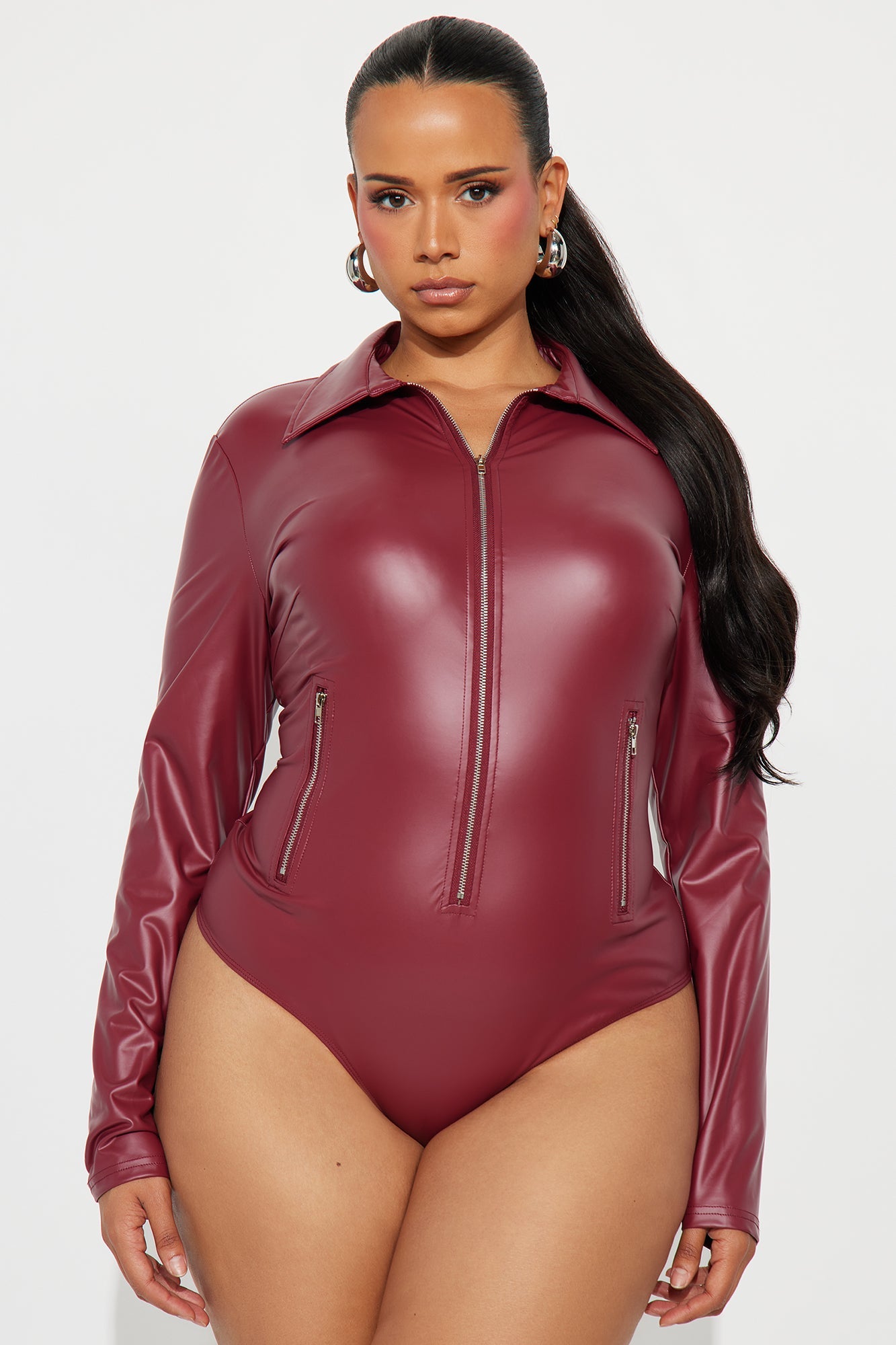 Biker Baddie Zip Front Bodysuit - Burgundy