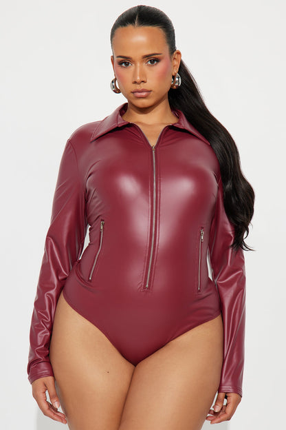 Biker Baddie Zip Front Bodysuit - Burgundy