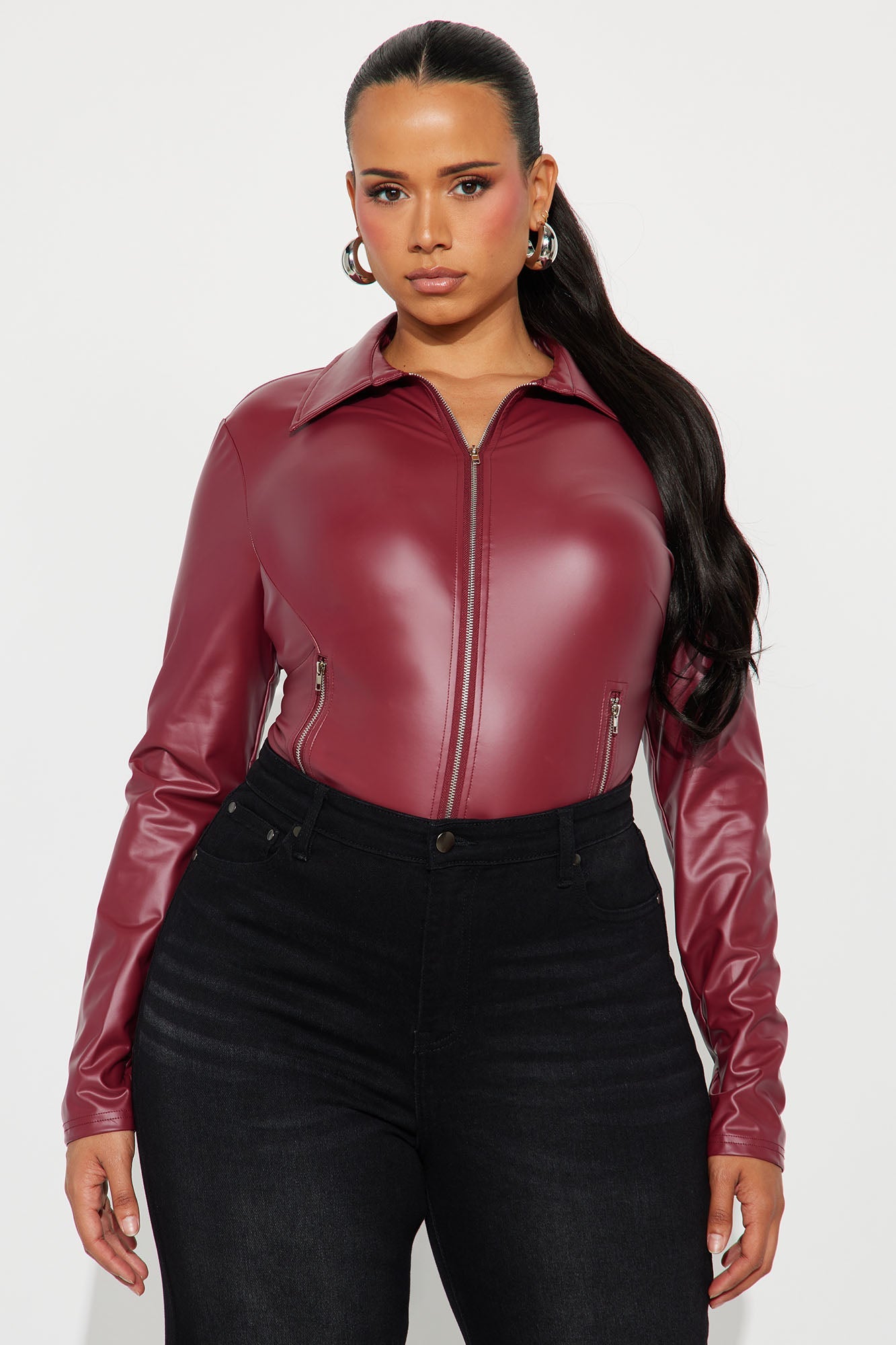 Biker Baddie Zip Front Bodysuit - Burgundy