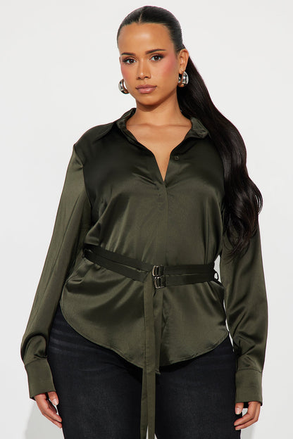 Pull It Together Belted Satin Shirt - Olive