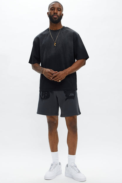 Tyson Relaxed Frayed Patch Sweatshorts - Charcoal