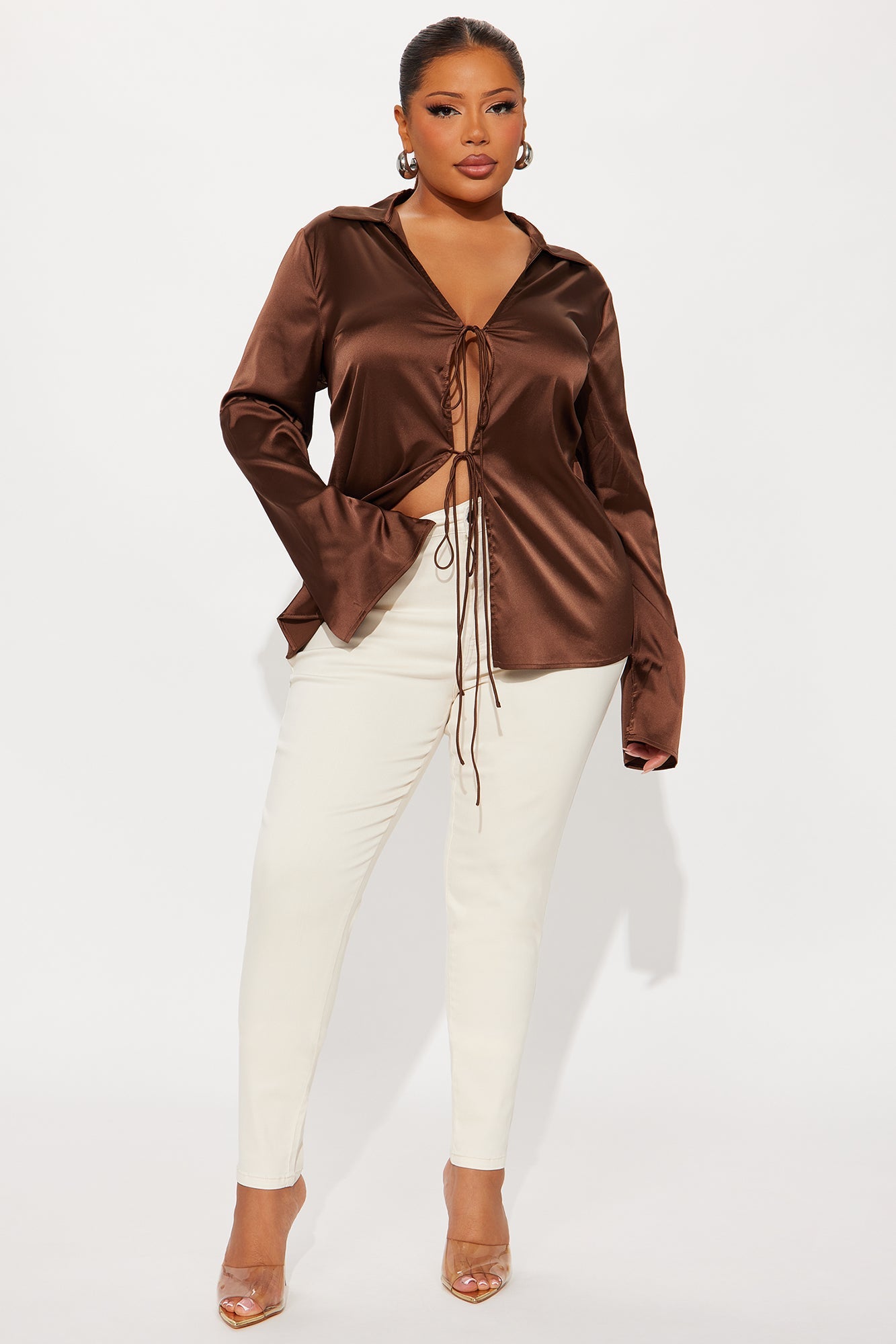 Satin Effect Tie Front Flyaway Top - Chocolate
