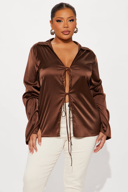 Satin Effect Tie Front Flyaway Top - Chocolate