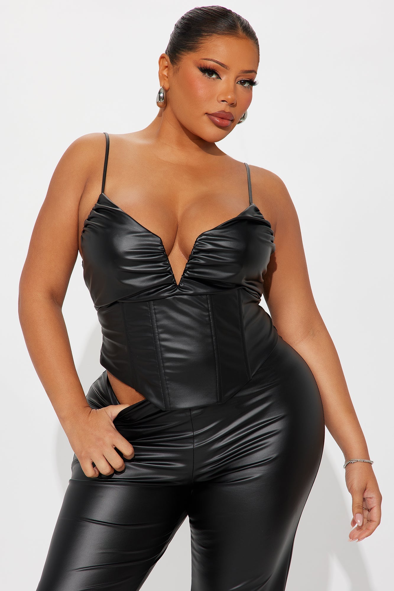 Claire Faux Leather Corset Pant Set - Black