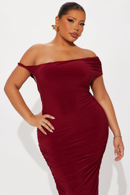 Blind Date One Shoulder Midi Dress - Wine