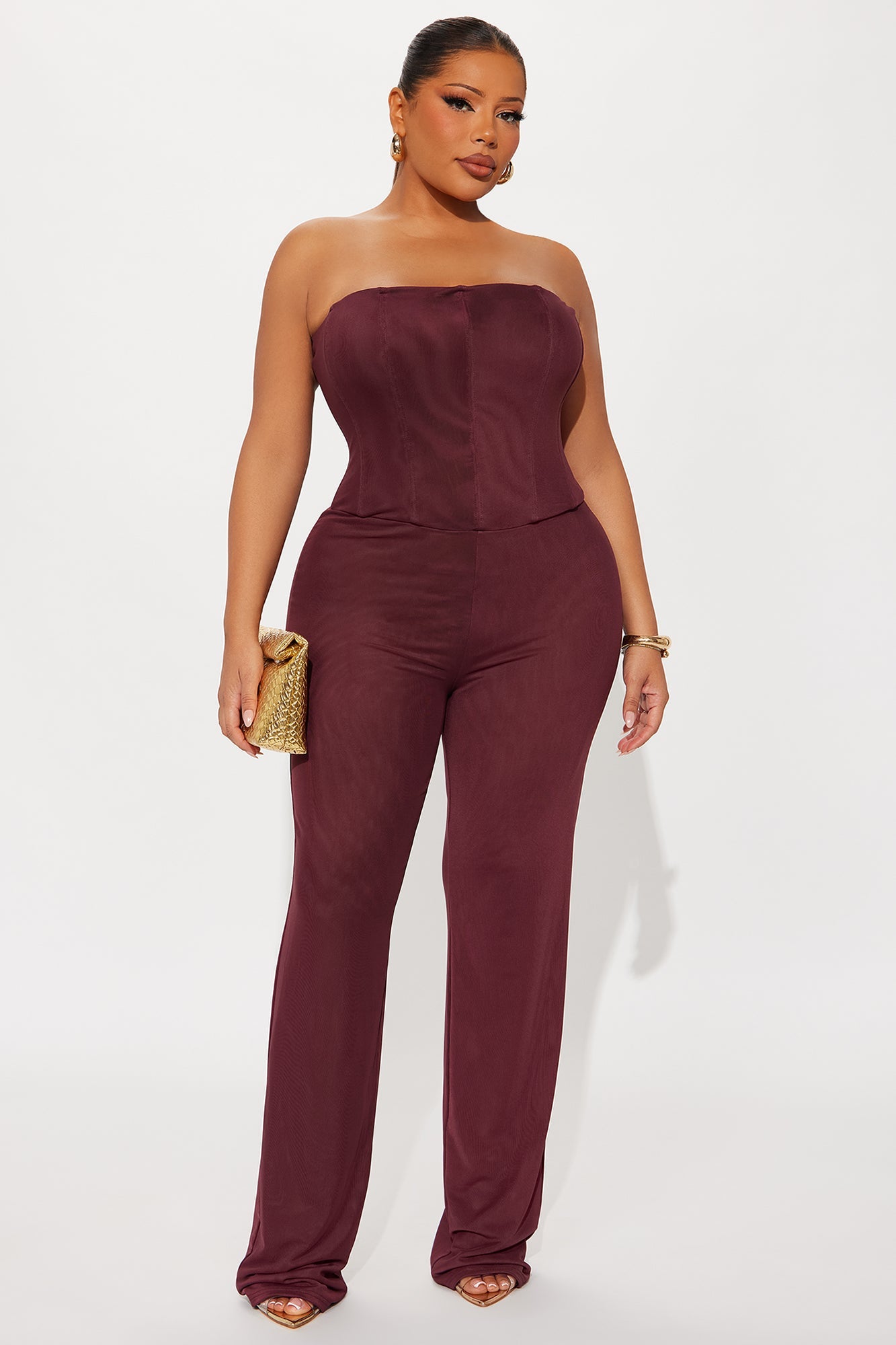 Martina Mesh Double Lined Straight Leg Jumpsuit - Burgundy