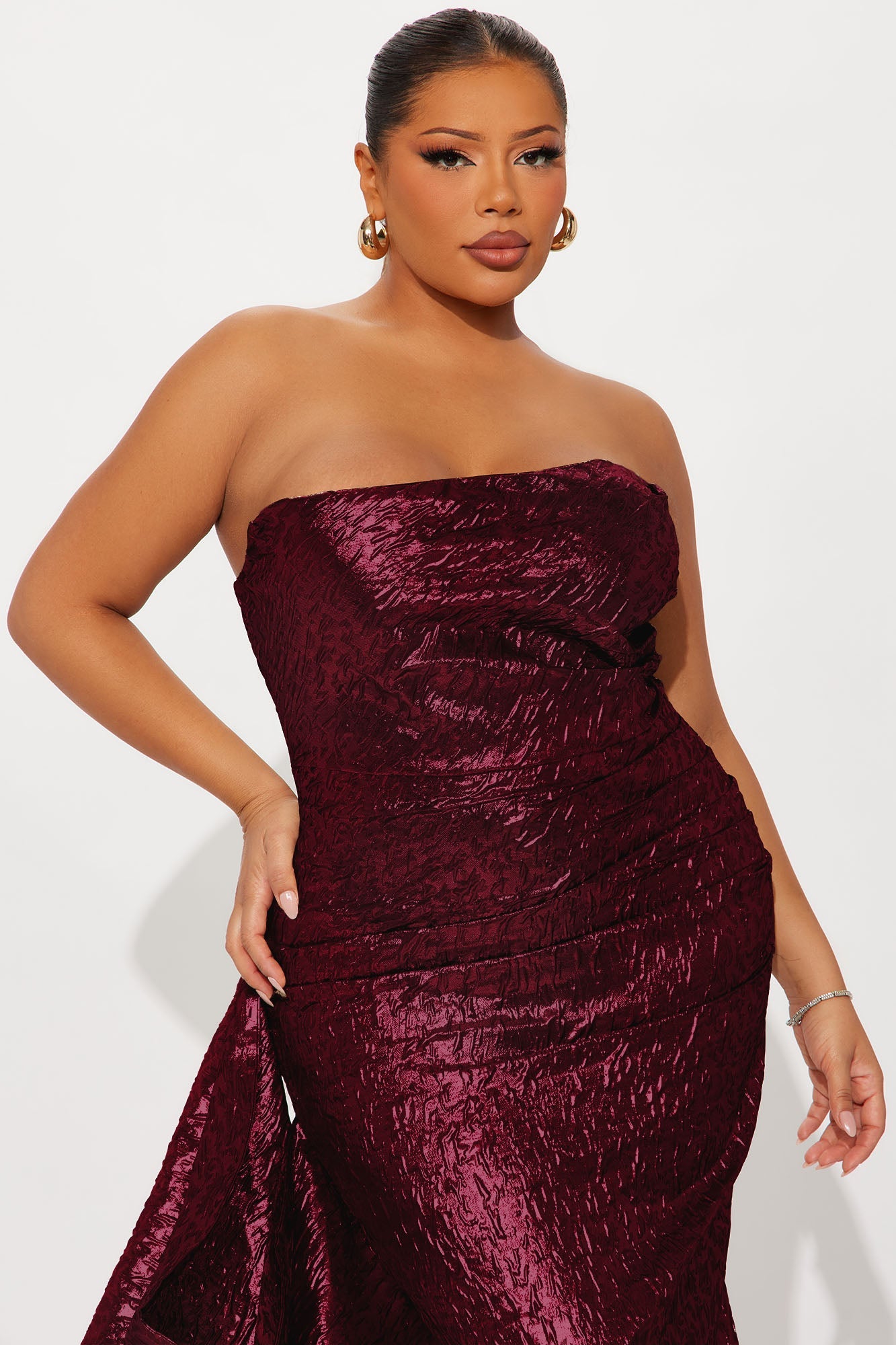 Vanya Draped Metallic Gown - Burgundy