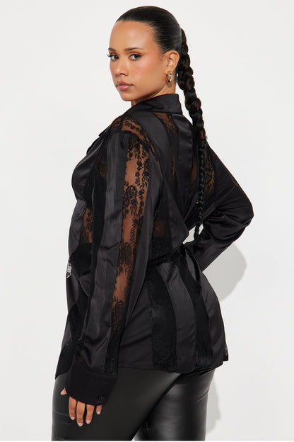 Lace Whispers Satin Shirt - Black