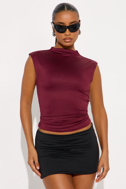 Contour Double Lined Mock Neck Top - Wine