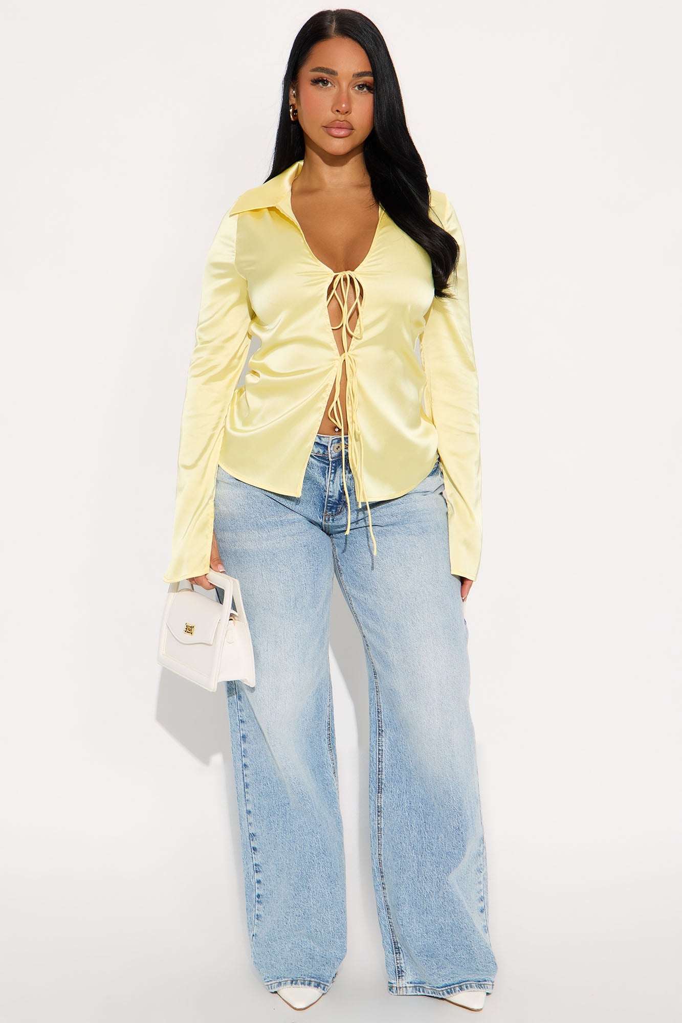 Satin Effect Tie Front Flyaway Top - Butter Yellow