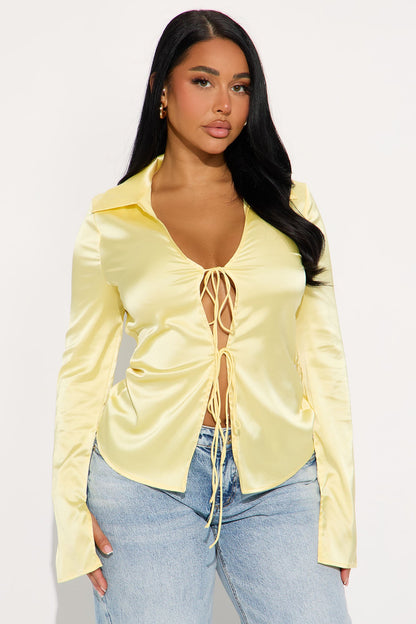Satin Effect Tie Front Flyaway Top - Butter Yellow