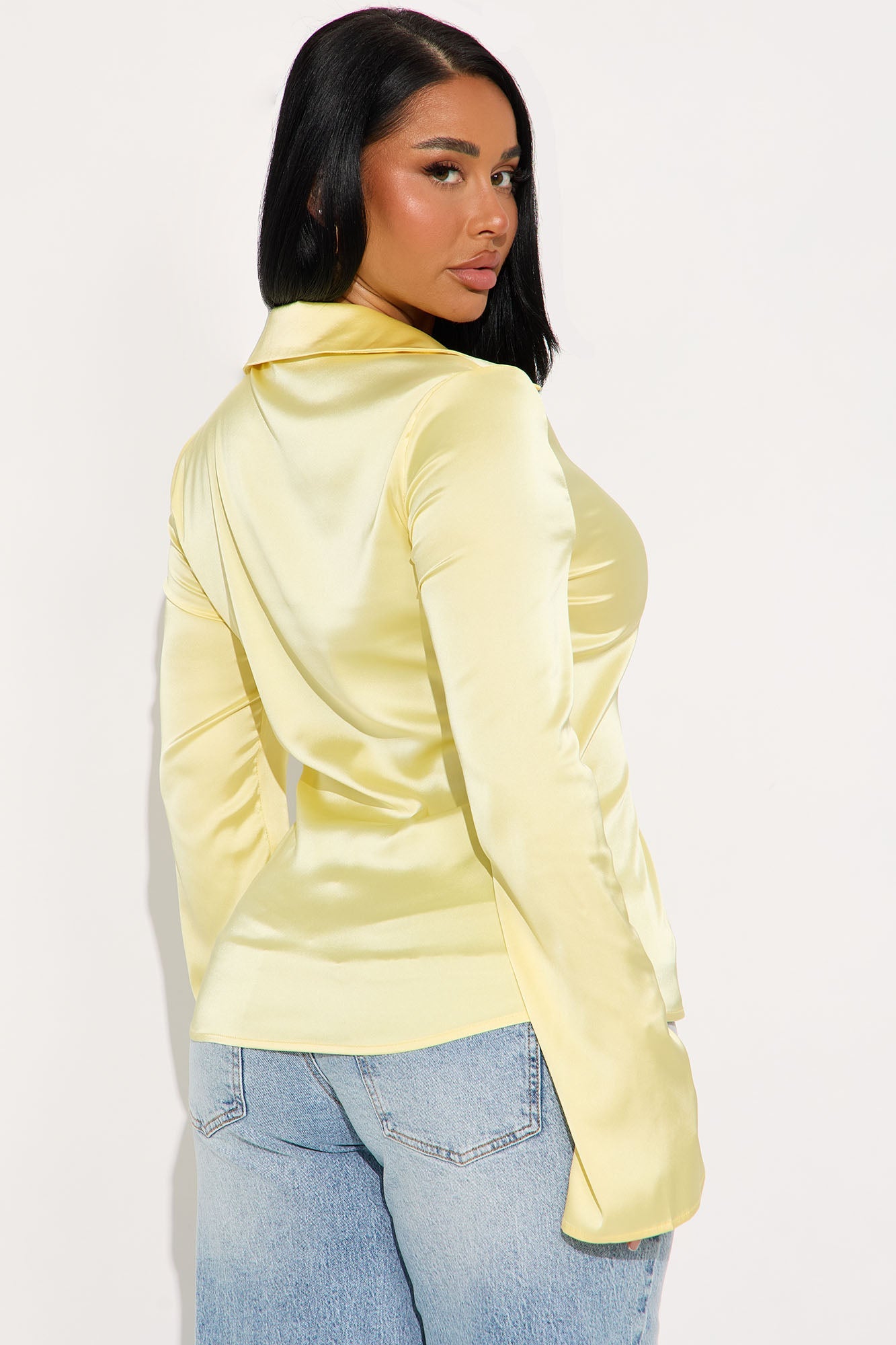 Satin Effect Tie Front Flyaway Top - Butter Yellow