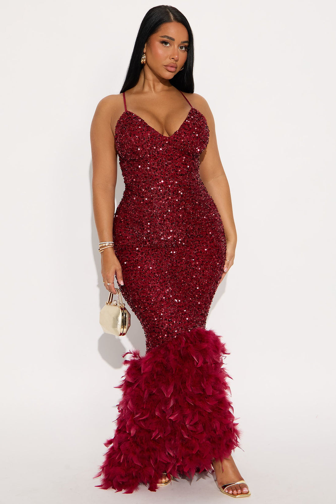 Zoey Spaghetti Strap Feathered Sequin Gown - Wine