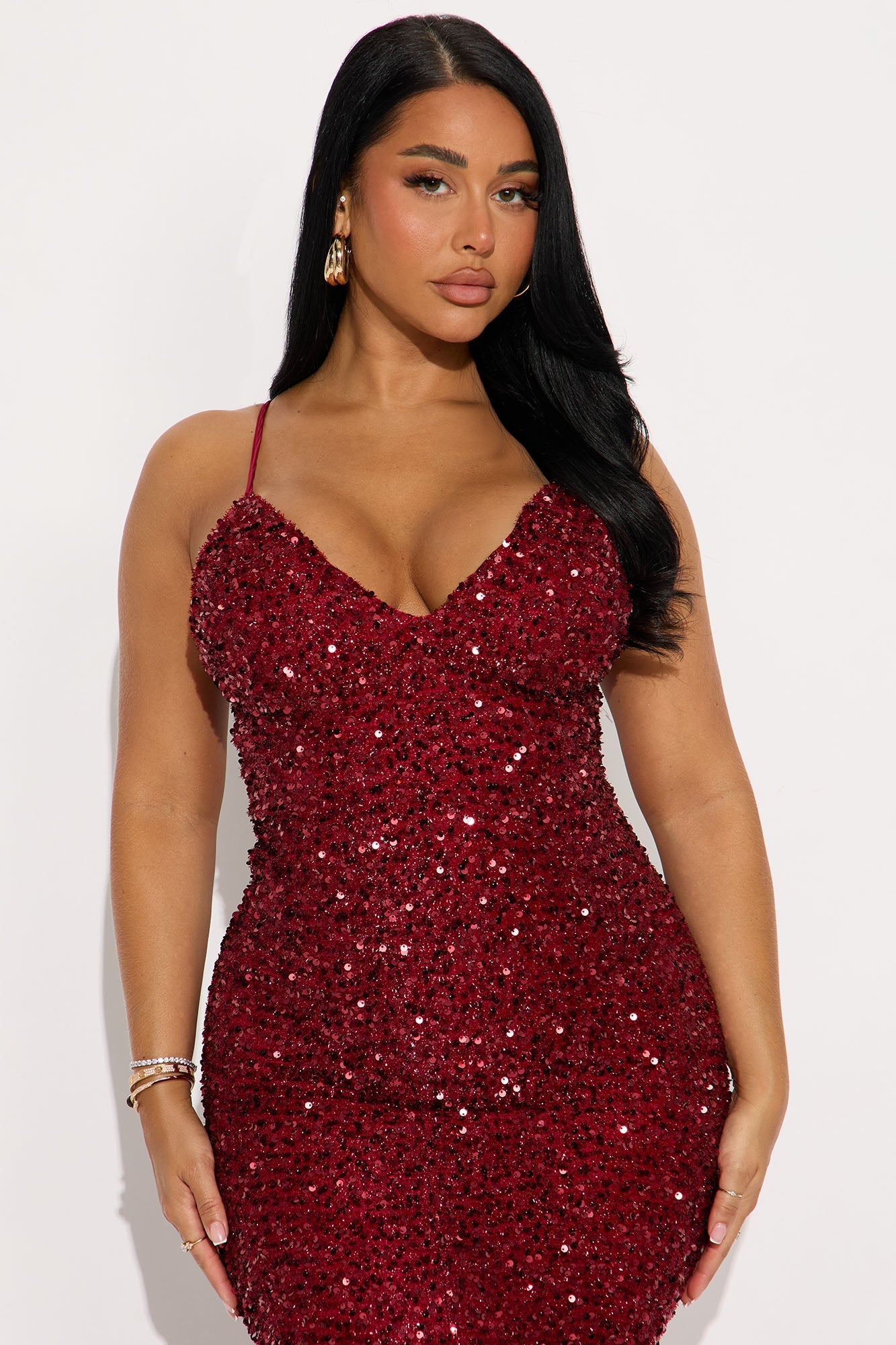 Zoey Spaghetti Strap Feathered Sequin Gown - Wine
