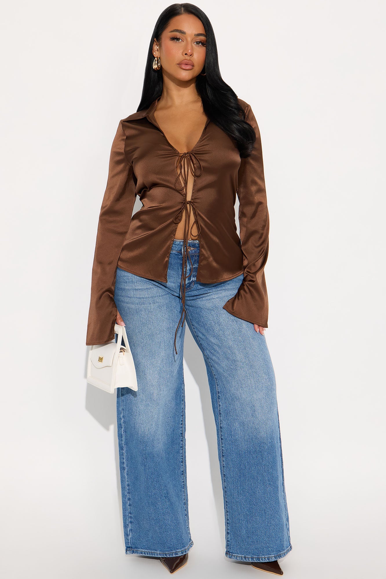 Satin Effect Tie Front Flyaway Top - Chocolate