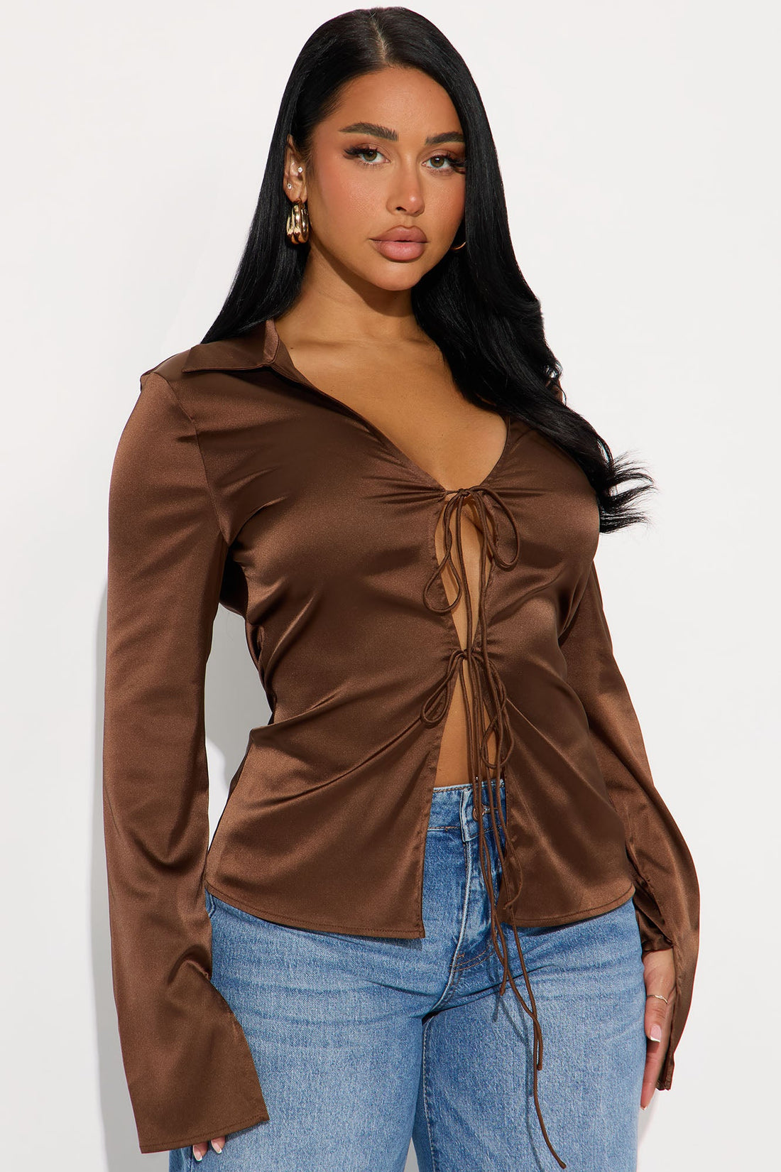 Satin Effect Tie Front Flyaway Top - Chocolate