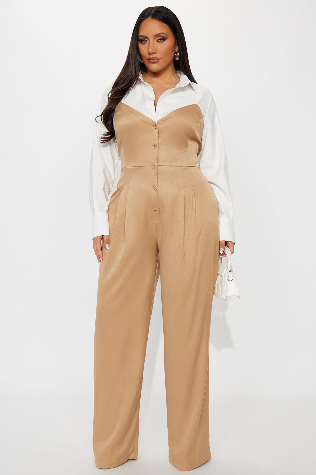 Monday Meeting Long Sleeve Jumpsuit - Tan/Multi