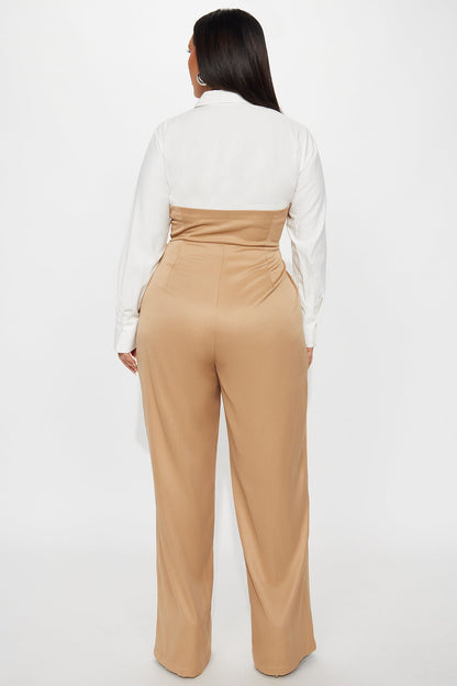 Monday Meeting Long Sleeve Jumpsuit - Tan/Multi