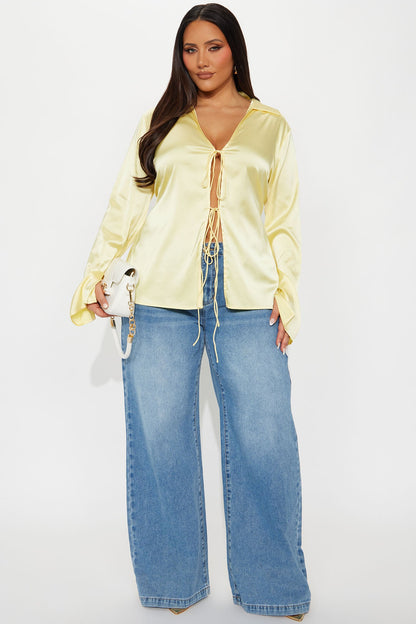 Satin Effect Tie Front Flyaway Top - Butter Yellow
