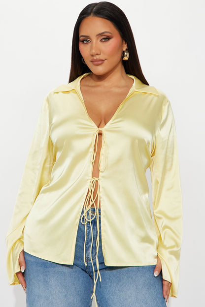 Satin Effect Tie Front Flyaway Top - Butter Yellow
