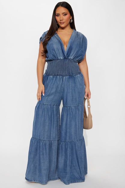 Angela Chambray Tiered Jumpsuit - Medium Wash