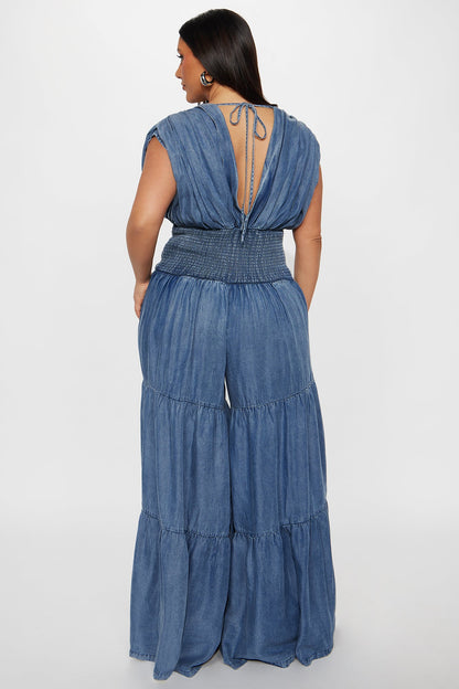 Angela Chambray Tiered Jumpsuit - Medium Wash