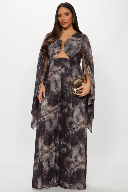 Noemi Animal Print Mesh Jumpsuit - Charcoal/combo