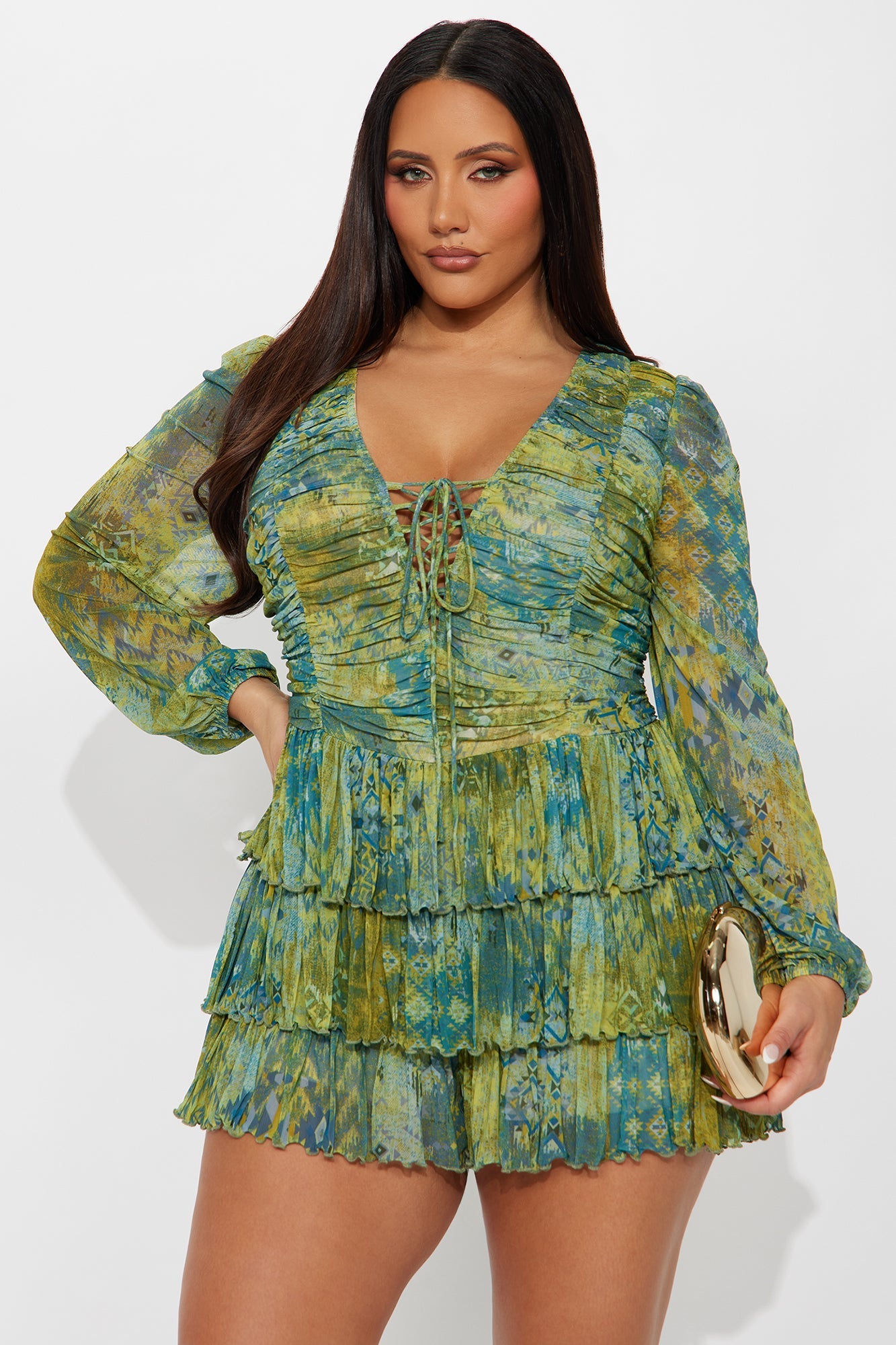 Victoria Ruched Mesh Romper - Sage/combo