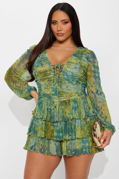 Victoria Ruched Mesh Romper - Sage/combo