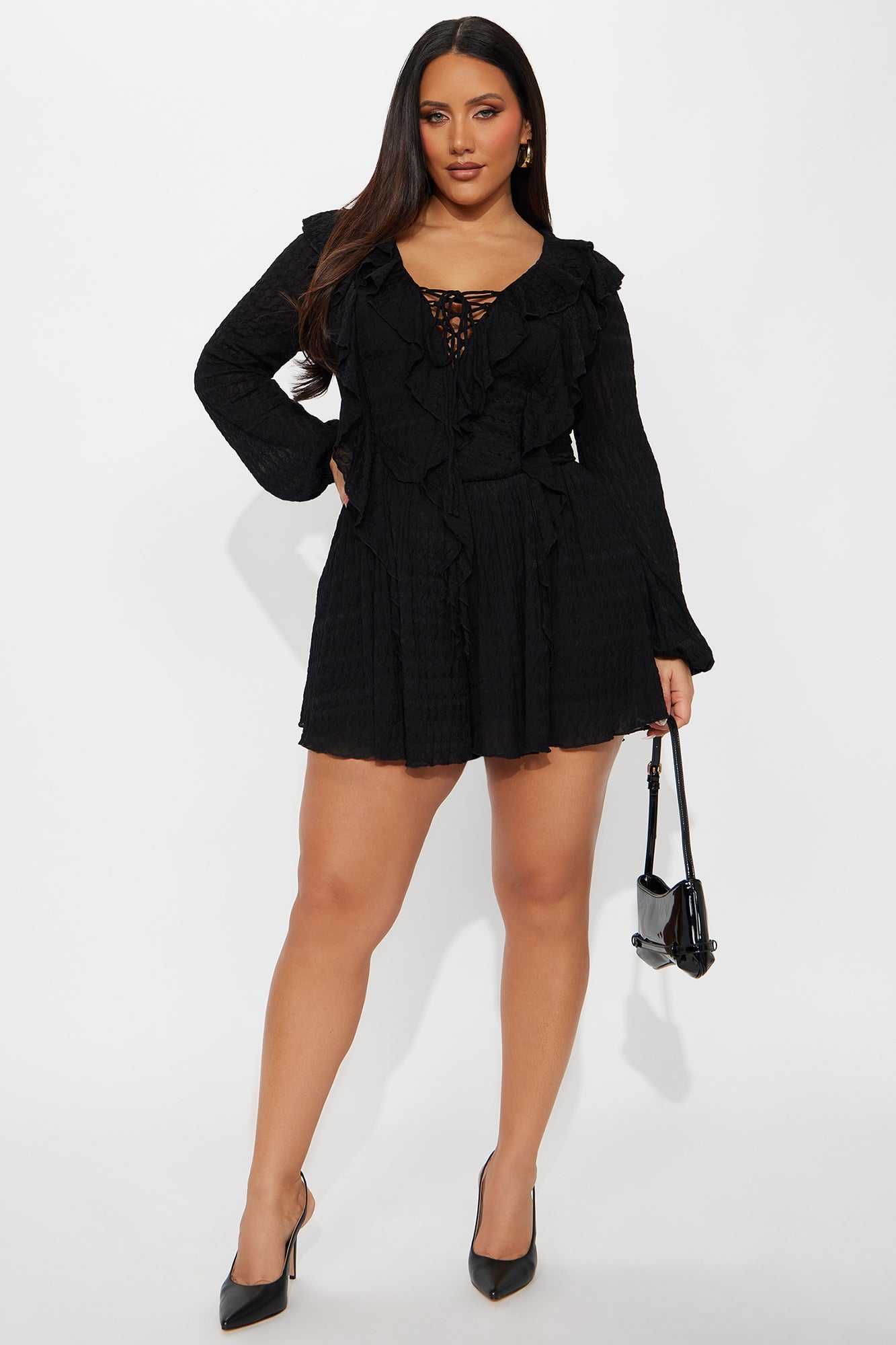 Charlena Jacquard Long Sleeve Romper - Black