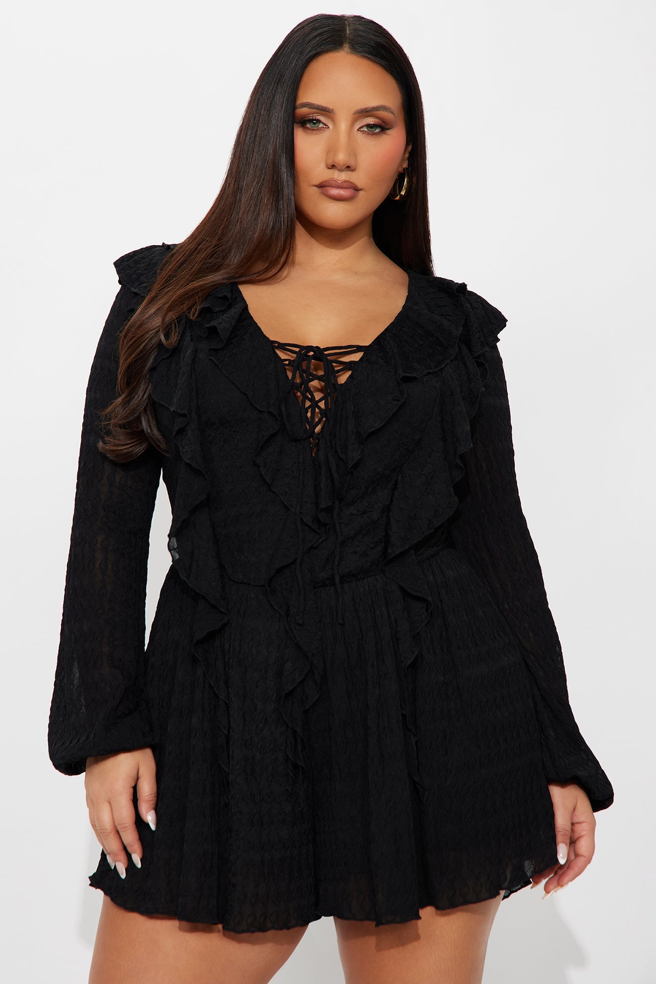Charlena Jacquard Long Sleeve Romper - Black