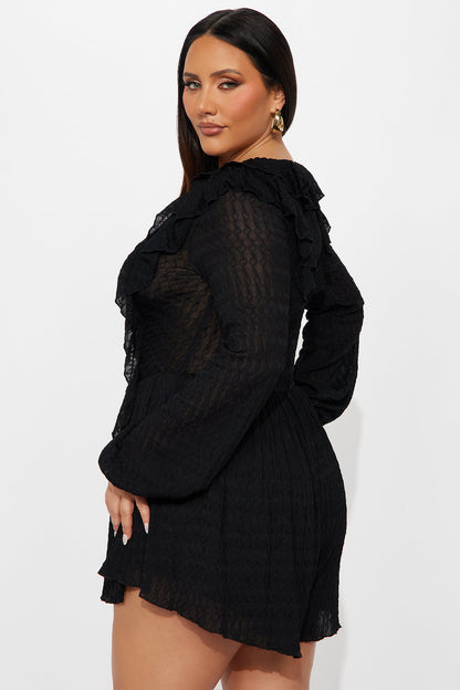 Charlena Jacquard Long Sleeve Romper - Black